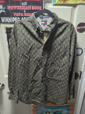 Tommy Hilfiger Crest Front Button Down Shirt Mens Size Medium Green Long Sleeve
